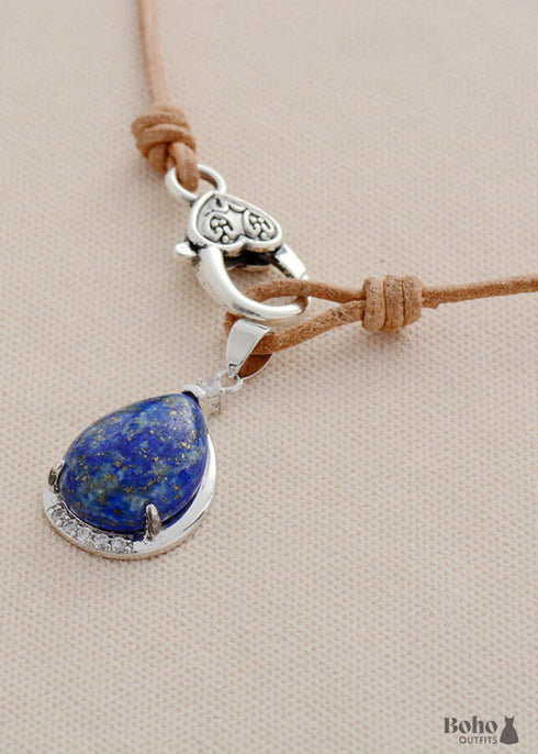 Boho Necklace,Lapis Lazuli Pendant Leather